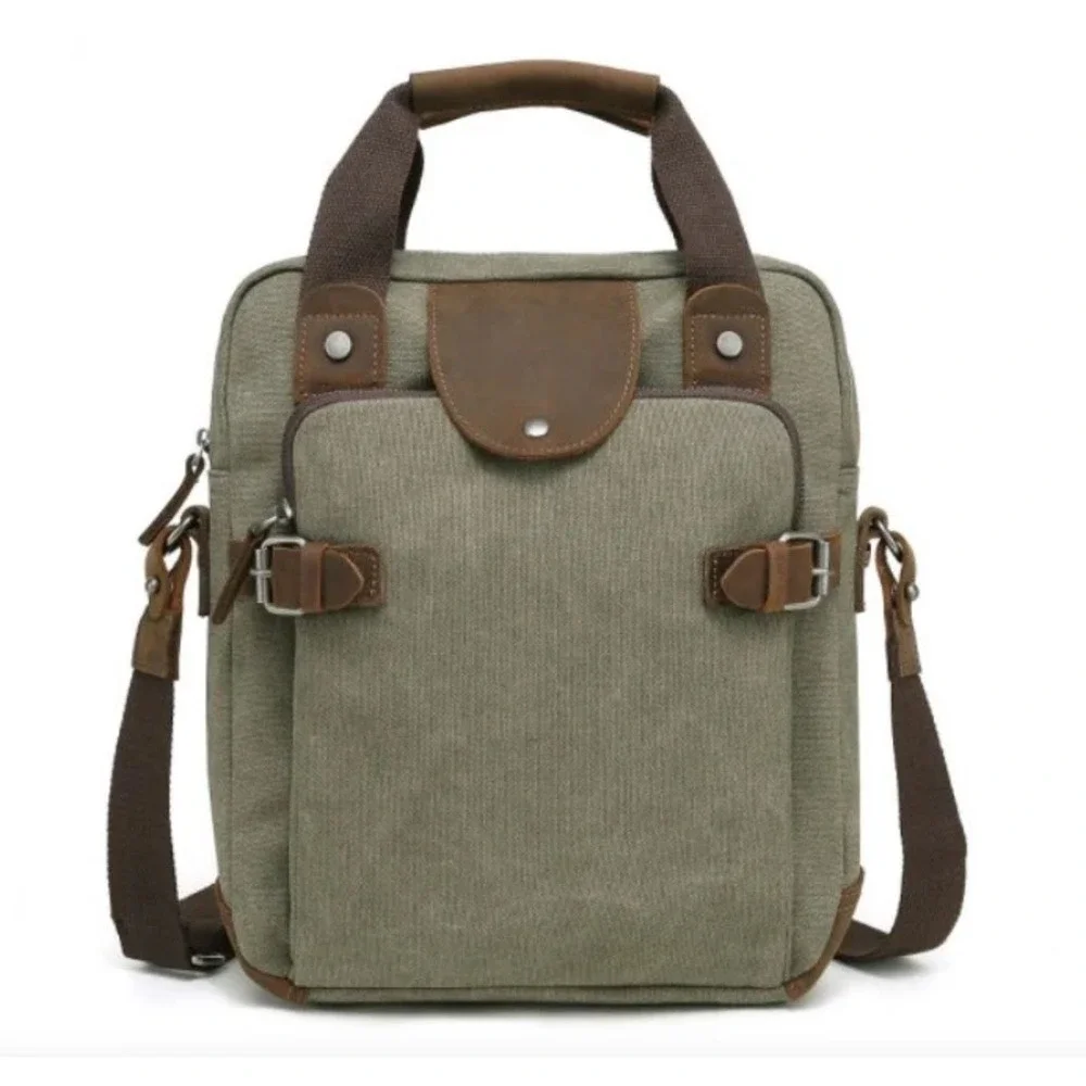 ACACIA Canvas‎ Leather Trim Messenger Bag Crossbody Satchel Khaki Green